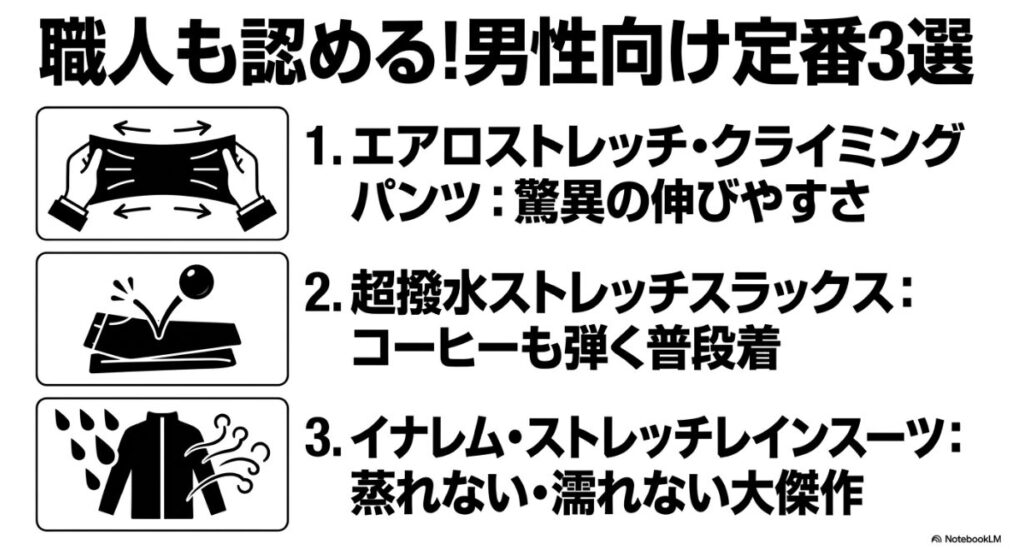 ストレッチパンツや透湿レインスーツなどの大ヒット商品