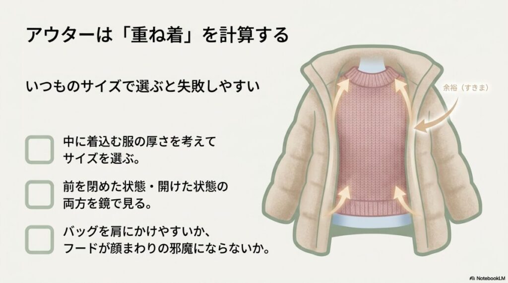 中に着込む服の厚さを計算に入れたジャケットの試着方法