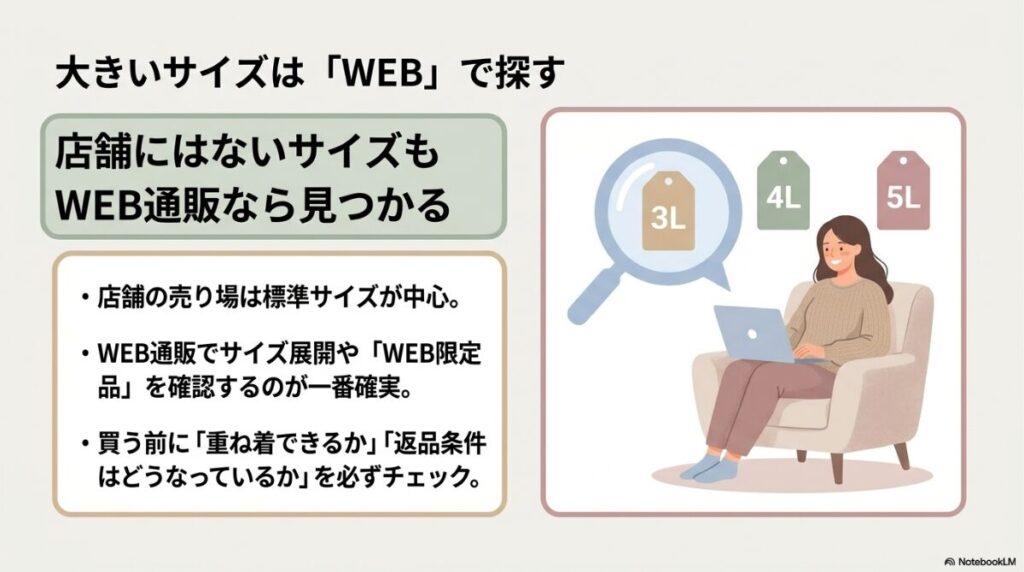 店舗にない3L以上のサイズやWEB限定品を見つけるコツ