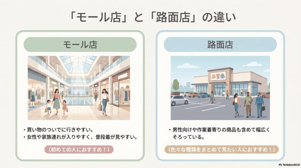 気軽に行けるモール店と品揃えが豊富な路面店の比較