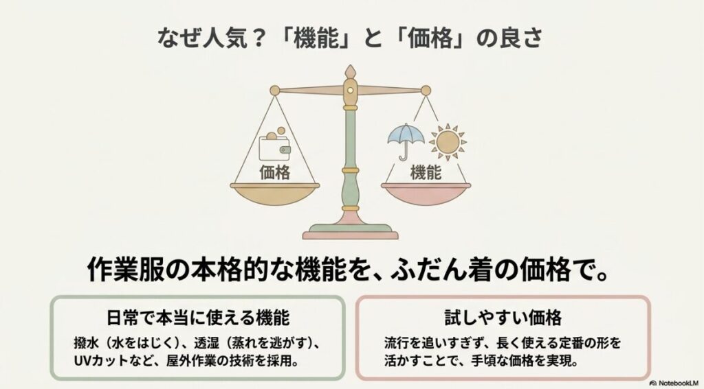 作業服の技術を日常着に落とし込んだコストパフォーマンス
