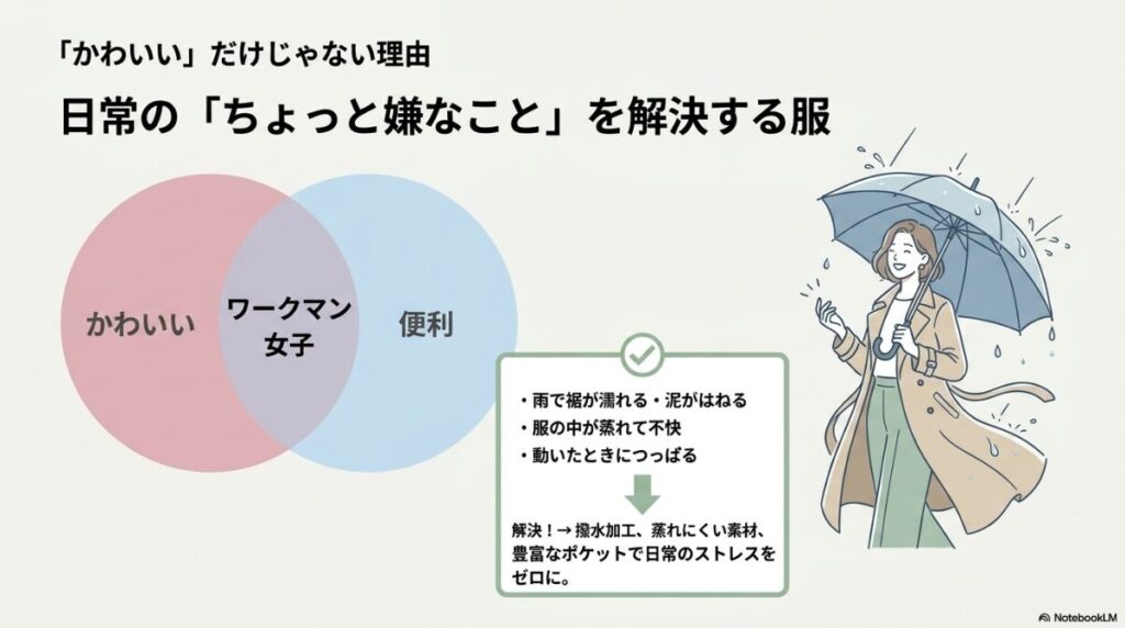 撥水や蒸れ防止など快適さを追求した工夫