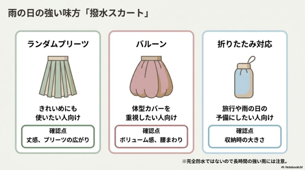 ランダムプリーツやバルーンなど用途に合わせたスカート選び