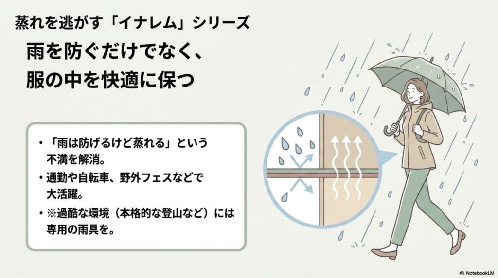 通勤やアウトドアで快適に過ごせる高透湿レインウェア