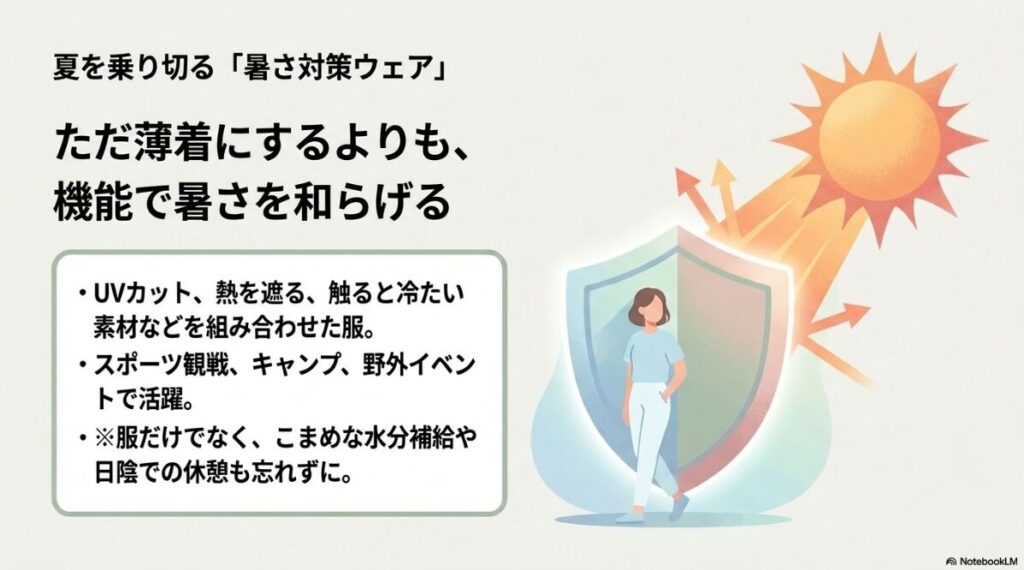 UVカットや遮熱素材を組み合わせた熱中症対策