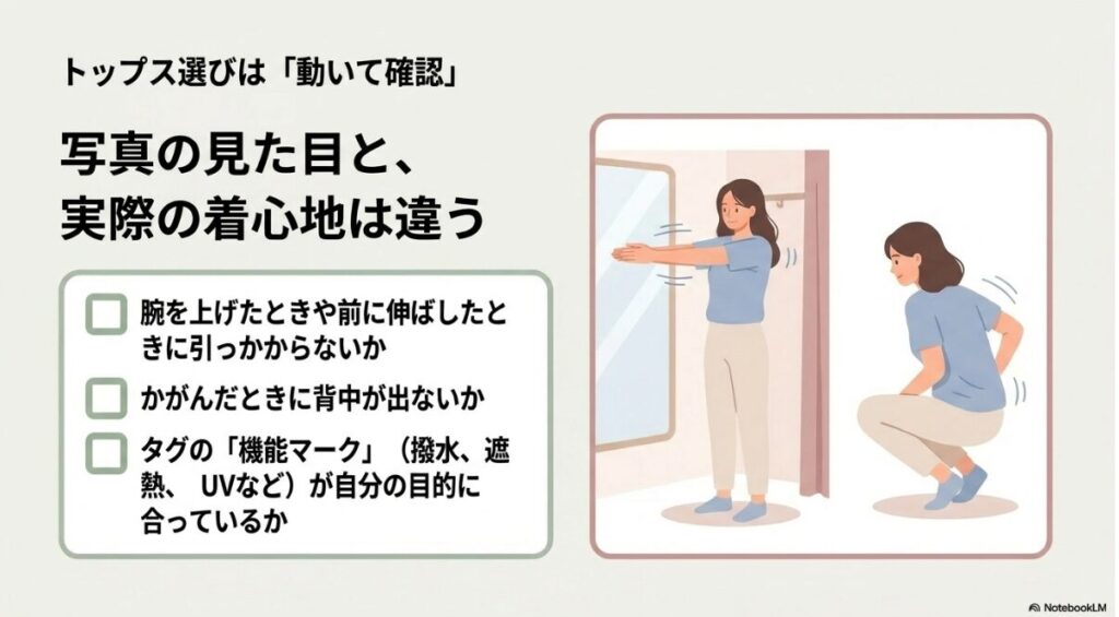 腕の上げ下げやかがんだ時の動きやすさを試着でチェック
