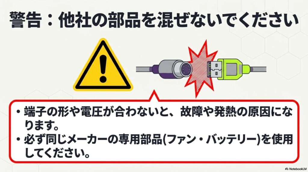 端子の形や電圧の不一致を避けるための専用部品使用の警告