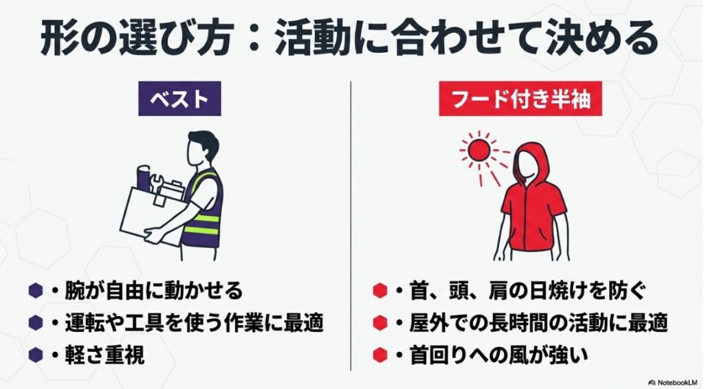 作業環境や日焼け対策に応じた形状の比較