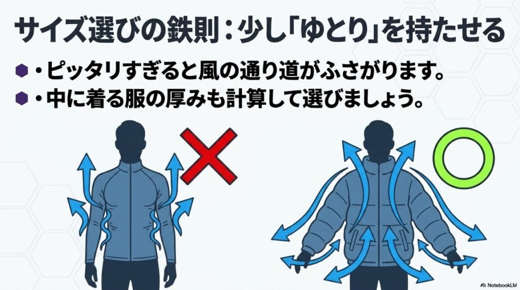 中に着る服の厚みを考慮したゆとりのある寸法選び