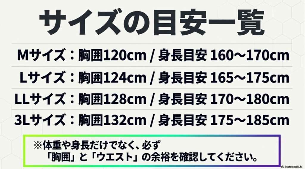 体重や身長だけでなく胸囲とウエストの余裕を確認する表
