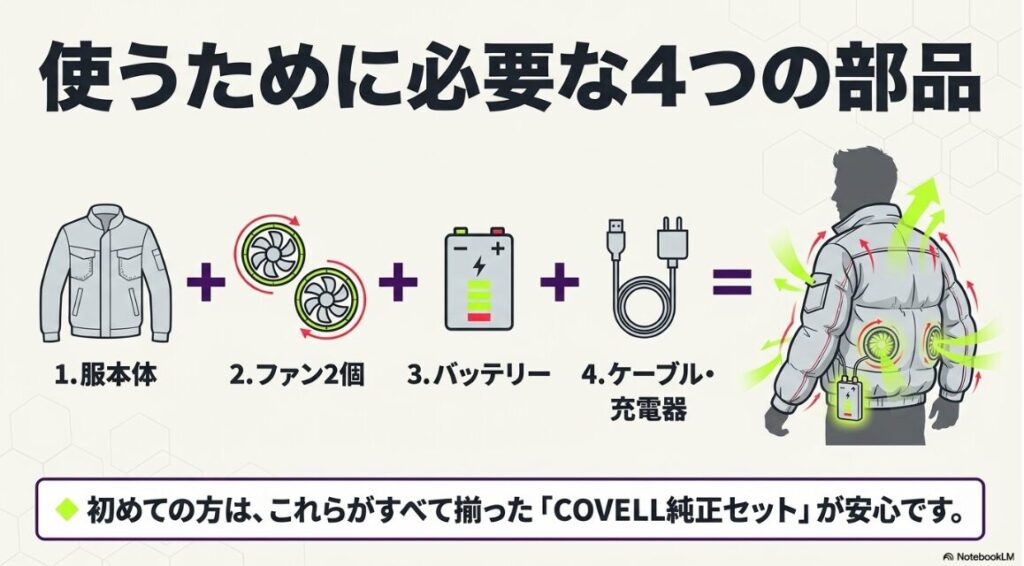 服本体とファンやバッテリーなどが揃った純正セットの推奨