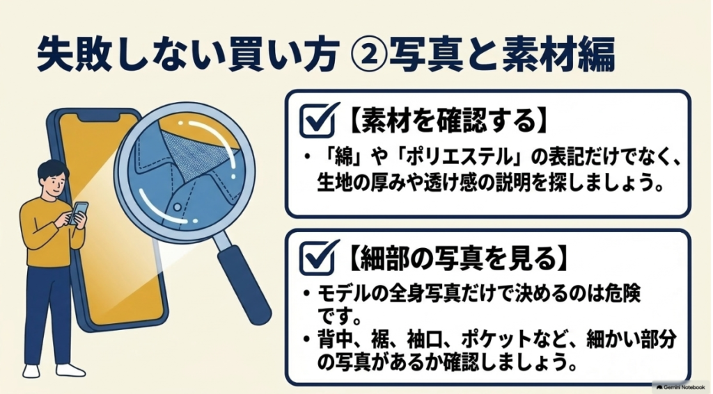 生地の厚みや透け感などモデルの全身写真以外で見るべき箇所