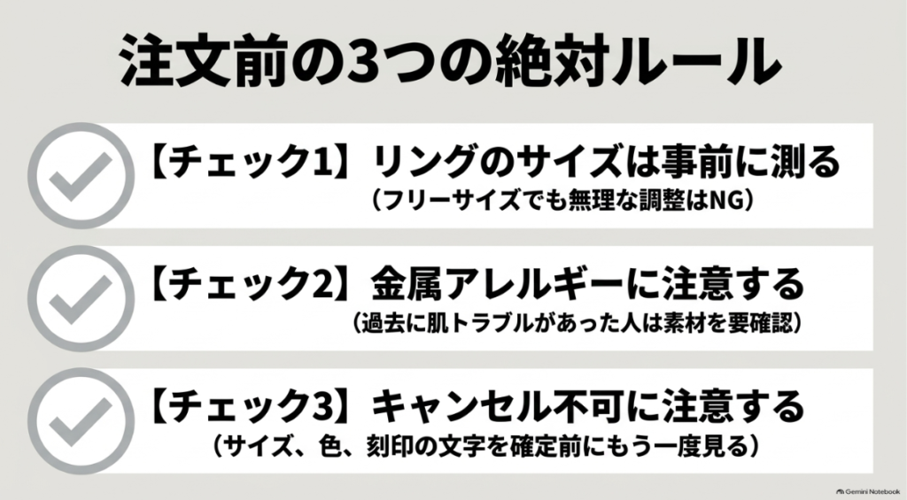 サイズと金属アレルギーとキャンセル条件のチェック