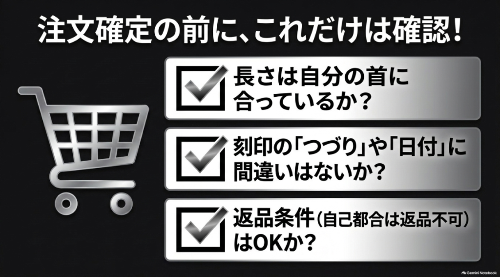 チェーン長と刻印内容と返品条件を確認する購入前チェック