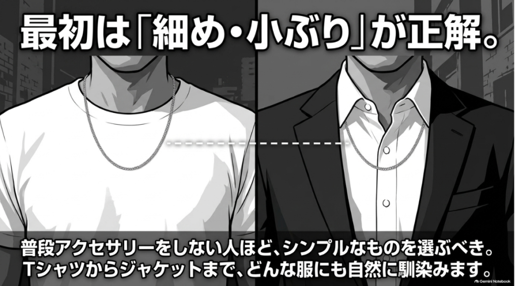 Tシャツやジャケットに合わせやすいシンプルなメンズネックレス