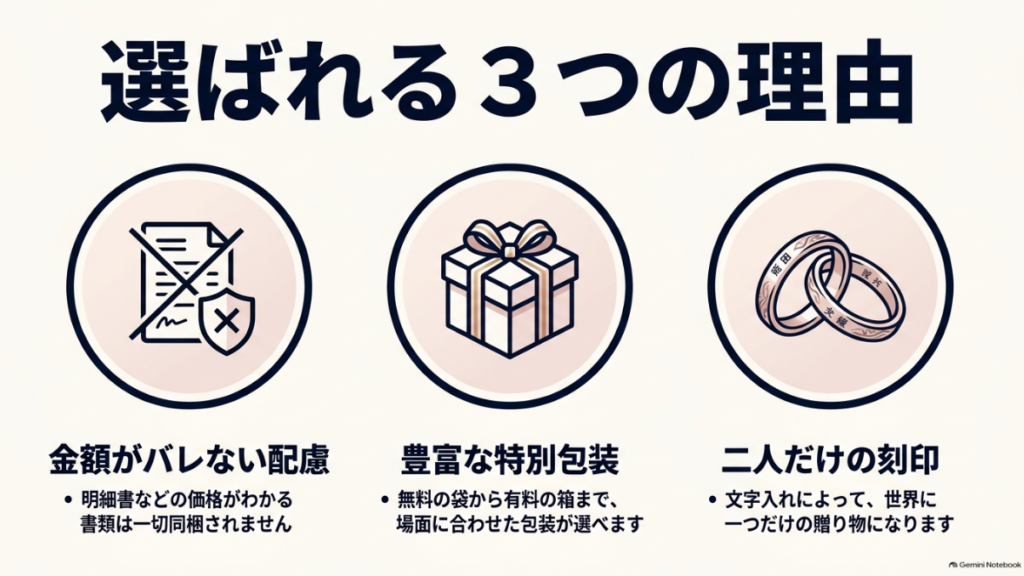 明細非同梱とギフト包装と刻印対応の特徴