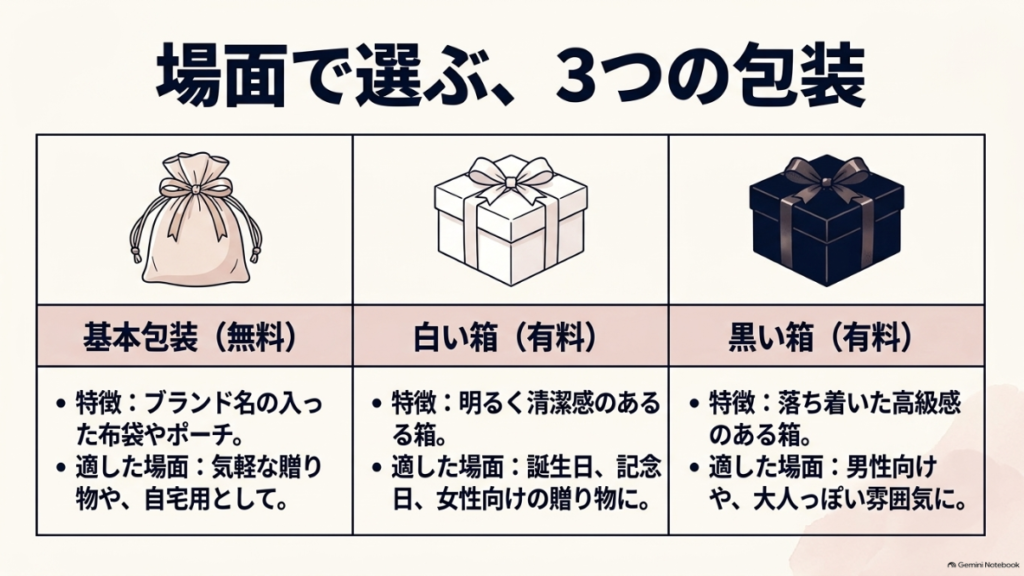 基本包装と白い箱と黒い箱の特徴比較