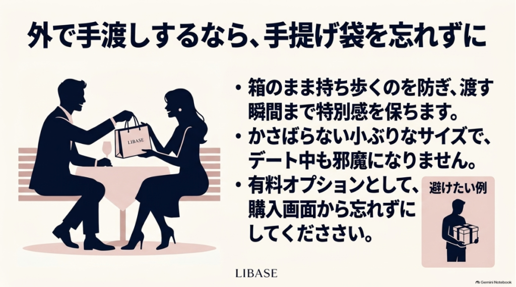 外出先でLIBASEのプレゼントを渡すときの手提げ袋