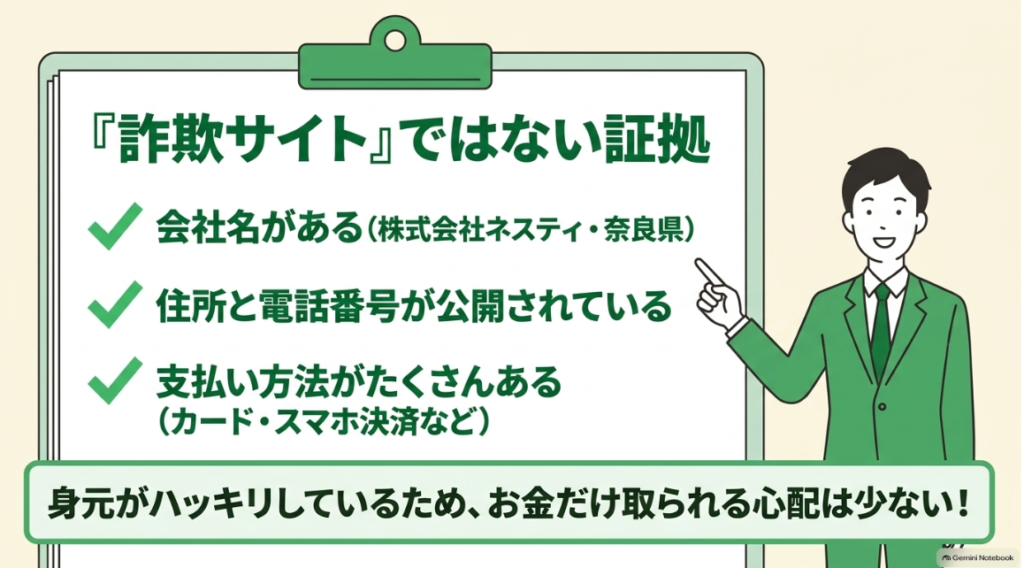 会社名や住所や支払い方法から通販の実態を確認する図