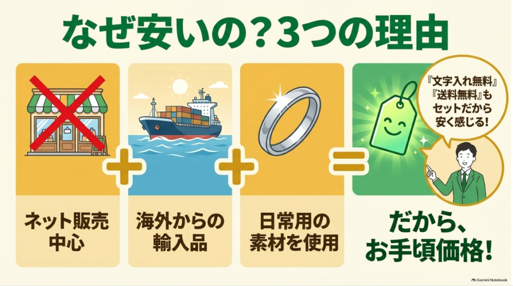 ネット販売と海外輸入品と素材から価格の背景を整理した図