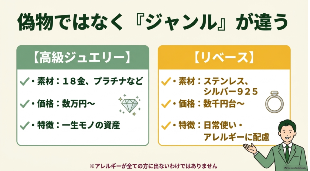 ステンレスやシルバー925と高級貴金属の特徴を比較した図
