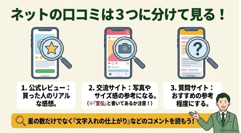 公式レビューとSNSと質問サイトの使い分けを示した図