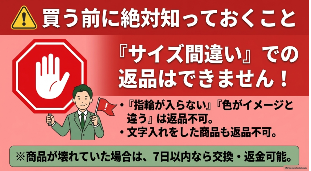 サイズ違いや刻印商品の返品で注意すべき内容を示した図