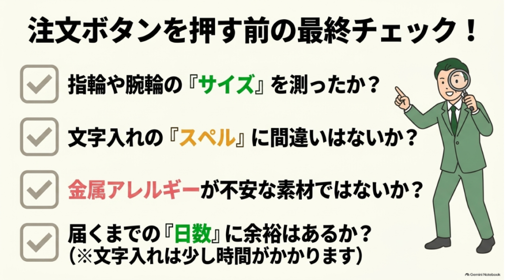 サイズや刻印や素材や配送日を購入前に確認するチェックリスト