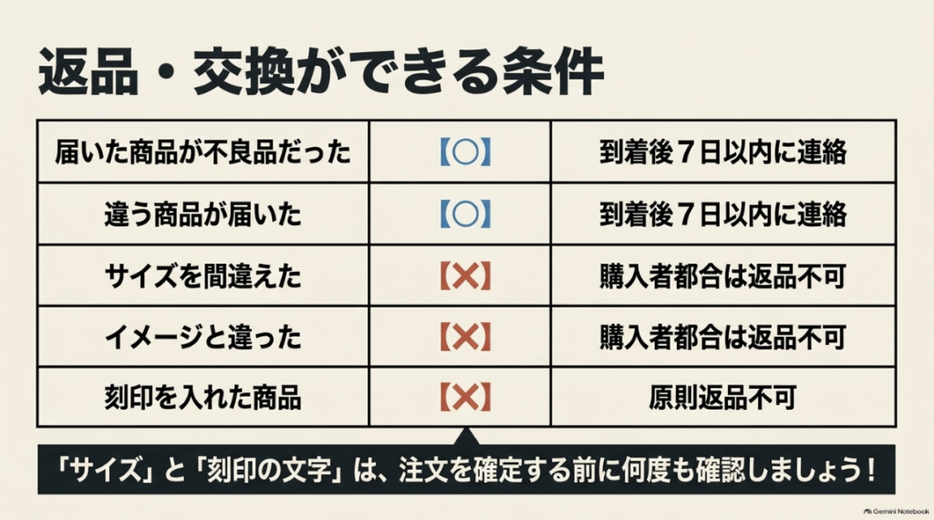 不良品や誤配送と購入者都合の返品可否
