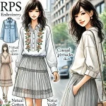 rpsの刺繍入りブラウスやピンタックスカートを着用した女性のイラストイメージ